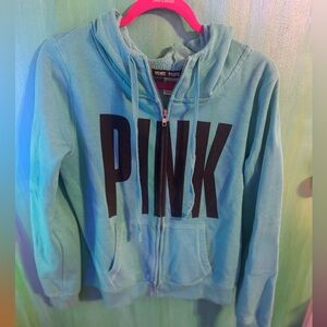 PINK Victoria's Secret 1990’s Aqua Hoodie with Black Lettering Oversized Large